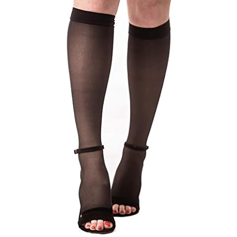 Medicella Sheer Knee High Compression Socks Open Toe 15-20 mmHg Medical Quality Made in USA Circulation Support Stocking Moderate Pressure (Black, Large) Cover