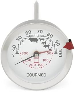 GOURMEO 2-in1 Meat Thermometer - Stainless Steel Gauge for Fan Gas or Electric Ovens - for Meats and In Oven Temperature - Analogue 100 Degree Celsius Display