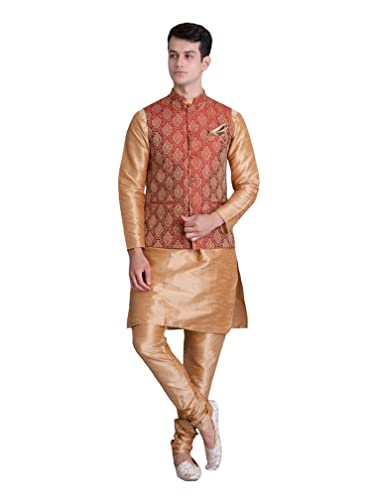 Uri and MacKenzie Men's Silk Blend Regular Kurta Churidar Pyjama with Bundi Nehru Jacket/Waistcoat