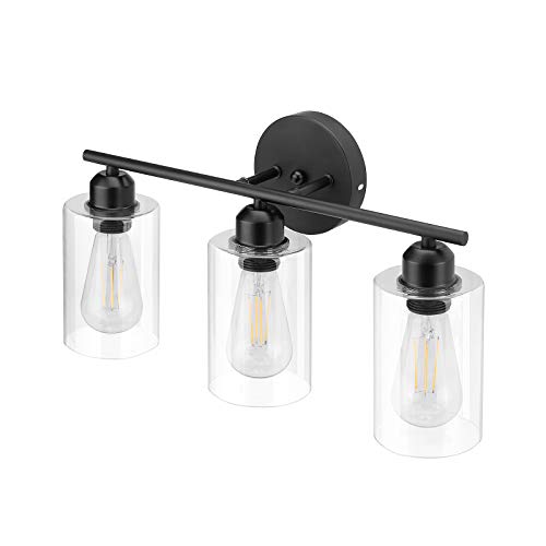 Espird 3 Light Bathroom Vanity Light Fixtures Black,Rustic Farmhouse Vanity Lighting Over Mirror Modern Industrial Kichler Lamp with Cylinder Glass Shade