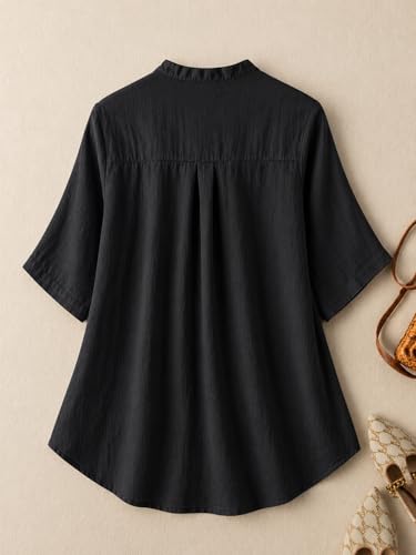 Image of RIEKA Womens Floral Applique Embroidered Fancy Top with Mandarin Collar Button Down Front Half Sleeves Relaxed Fit Casual Tunic Top for Women