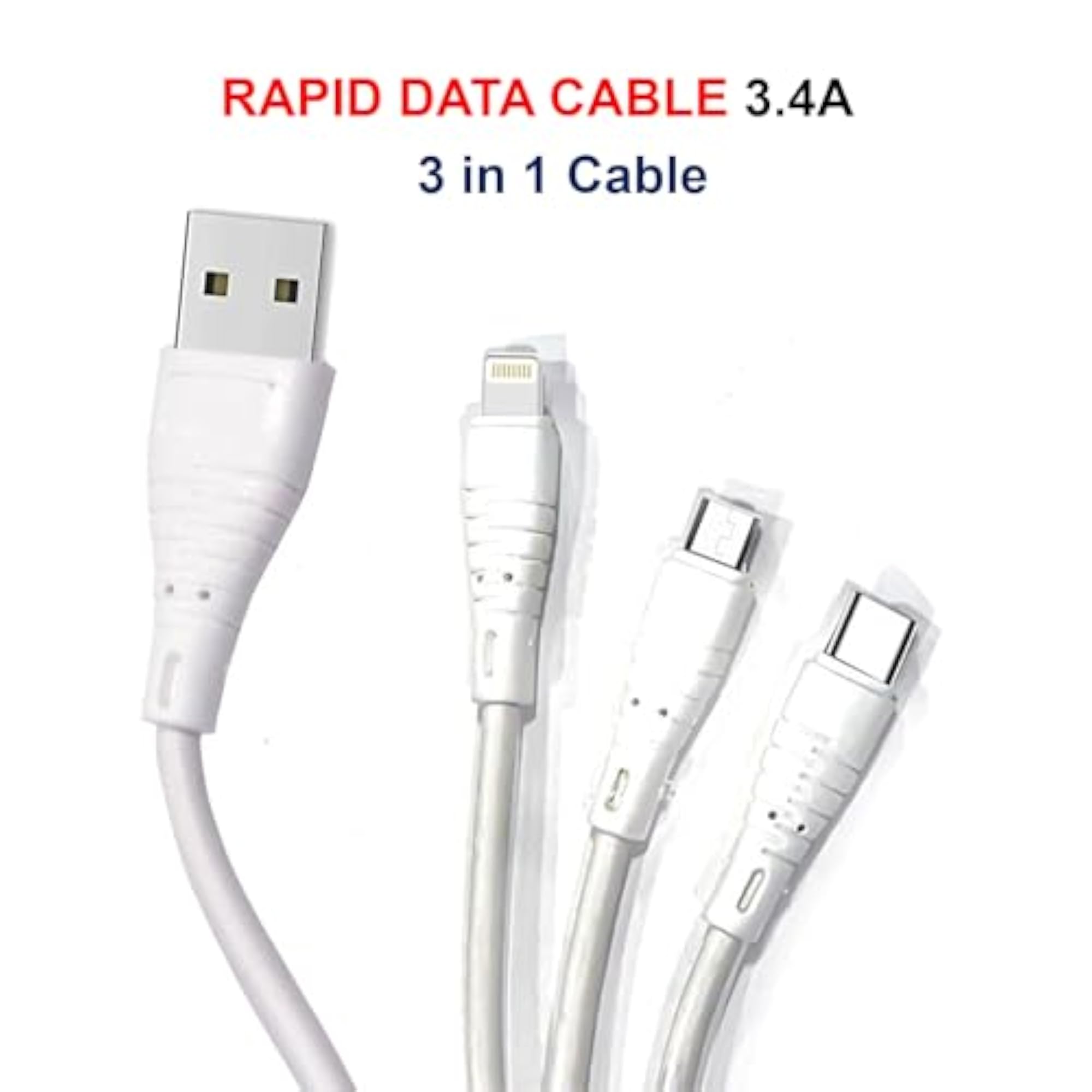 3 in 1 Fast Rapid Charging Cable for Micro USB, iPhone & Type C