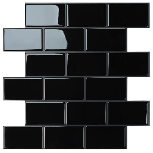 STICKGOO Peel and Stick Backsplash Subway Tiles, 10 Sheets of 12" x 12" - 3D Adhesive Peel and Stick Tile Backsplash for Kitchen, Bathroom, Wall Tile (Thicker Design, Black with Grey Grout)