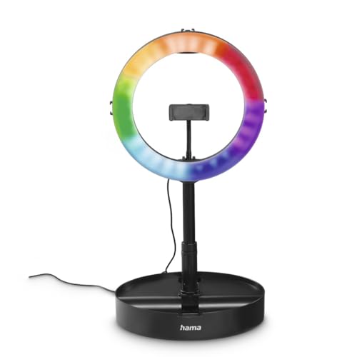 Hama LED RGB Ringlicht mit Stativ Handy faltbar 10,2“ Ringleuchte, 26,5 cm Durchmesser, Tisch Stativ für die Kamera, ausziehbar bis 138 cm, dimmbares LED Tischringlicht, farbig, zum Einklappen schwarz