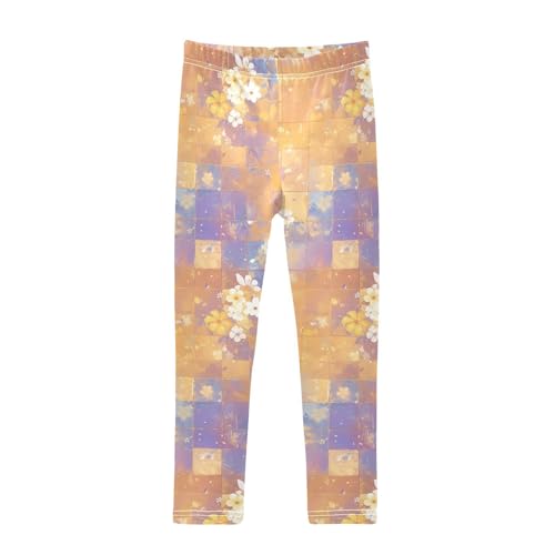 KLL Retro Checker Board Groovy Flower Oil Painting Toddler Girls' Basic Leggings Comfortable Full Length Pants