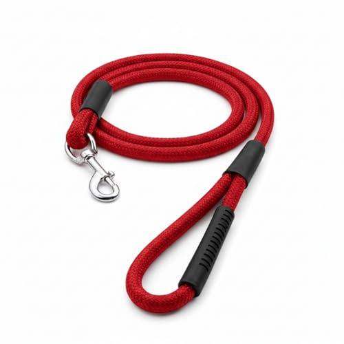 Image of Dog Leash for Large Dogs & Medium Dogs 5 Feet - Heavy Duty Nylon Rope 15mm Thick Leash with Anti Slip Rubber Handle - Tangle Free & Swivel Metal Clip (Red)