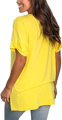 Image of Sampeel Women's V Neck T Shirts Casual Rolled Short Sleeve Side Split Summer Tops Loose Fit