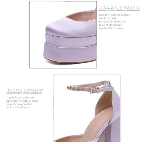 Women's Platform Chunky Heel Party Pumps Closed Round Toe Ankle Strap Rhinestone Block High Heels Fashionable Party High Heels4