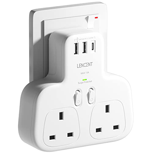 LENCENT Double Plug Adaptor with 1 USB C and 2 USB Ports, Surge Protected Multi Plug Extension Socket