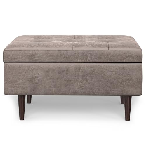 SIMPLIHOME Shay 34 inch Wide Mid Century Modern Small Rectangle Coffee Table Storage Ottoman in Distressed Grey Taupe Vegan Faux Leather, Assembled, for The Living Room and Entryway