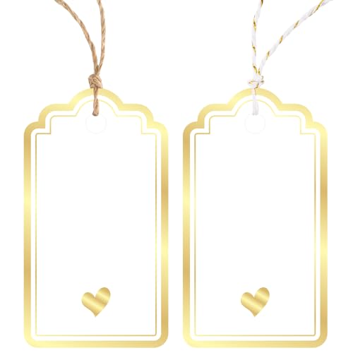 Gift Tags with String Attached - 100PCS Foil Gold Heart Paper Tags White Blank Personalized Name Tag for Gift Bags Presents Birthday Wedding Valentines Mothers Day Christmas Decoration (Gold)