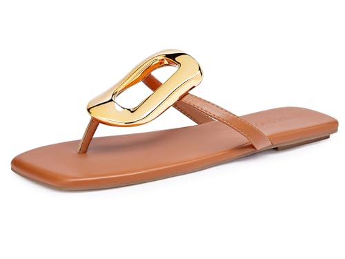 Image of Coutgo Womens Flat Sandals Comfortable Flip Flops Slide Sandals Summer Beach Shoes with Metal Decoration