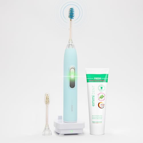 emmi®-dent Metallic Cepillo de Dientes Eléctrico Ultrasónico (Set Básico Azul Pastel) I Ideal para Dientes y Encías Sensibles I Cepillado Óptimo sin Frotar I Hasta 12 Días de Batería