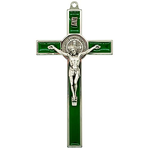 Saint Benedict Medal Crucifix | Ready to Hang on Wall | Patron Saint of Students and Europe | Great Catholic Gift for Baptism, First Holy Communion, and Confirmation | Christian Home Décor (Green)
