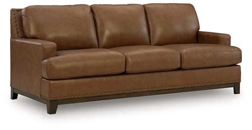 Signature Design by Ashley Brendola Transitional Leather Match Sofa with Loose Seat Cushions and Nailhead Trim, Light Brown