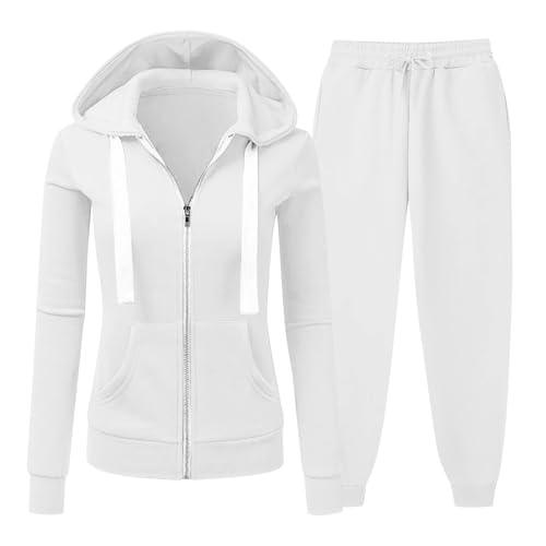 NSICBMNO White Tracksuit Womens Full Set Co Ord Sets 2 Piece Outfits Zip Up Hoodie Baggy Joggers Lounge Wear Sets Drawstring Fleece Jacket Elastic Waist Trousers Casual Tracksuits Jogging Suits