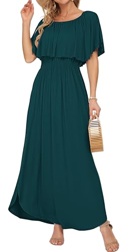 Image of AUSELILY Womens Off Shoulder Ruffle Split Summer Maxi Dresses with Pockets | Off-shoulder Ruffle dress with empire waist & side split for summer beach and casual parties