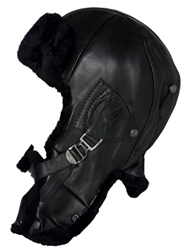 Cucuba Gorro de piel de Montone Shearling de invierno Ushanka para hombre, gorro piloto aviador suoviético de nieve con orejeras (L), Negro , Large Cover