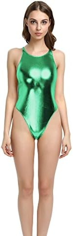 WOLF UNITARD Sexy Thong Leotard Shiny Metallic Bodysuit Large Green