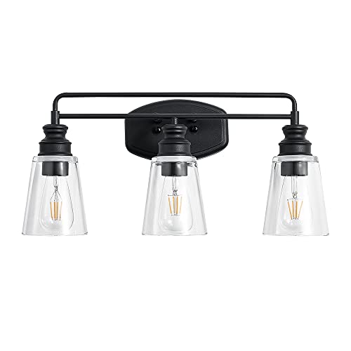 3 Lights Black LED Vanity Light, Hantop Vintage Industrial Vanity Lights Wall Sconce, Farmhouse Bathroom Lighting with Clear Glass Shades Wall Lights for Bathroom, Vanity Table, Living Room (E26 Base)