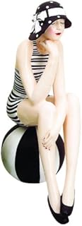 MY SWANKY HOME Retro Bathing Beauty Figurine | Swim Suit Beach Ball Black White Stripe