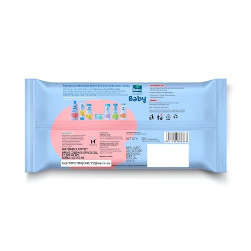 Image of Parachute Advansed Baby | Face & Body Baby Wipes | With Virgin Coconut Oil & 99% Pure Water | Hypoallergenic, Dermatologically Tested & pH Balanced | Moisture-lock Lid | 72 wipes
