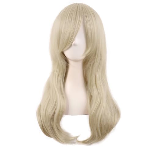 Image of MapofBeauty 24 Inch Long Side Bangs Wavy Curly Party Wig, Blonde | 60 cm Cosplay Wig