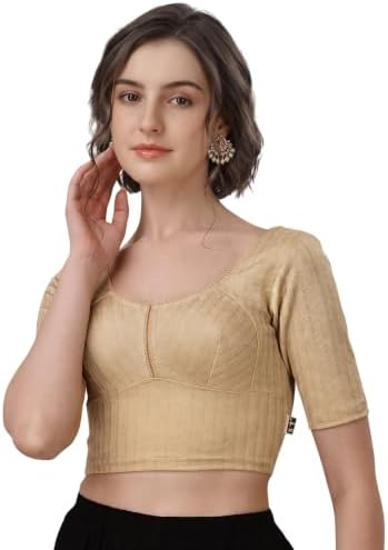 Sft Round Neck Cotton Lycra Stretchable Elbow Sleeves Readymade Saree Blouse for Women Stylish