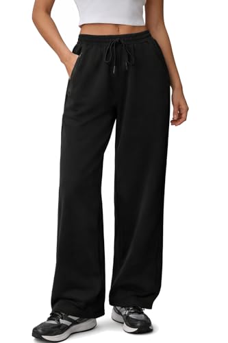 i-Smalls Womens Wide Leg Joggers with Zipper Pockets - Open Hem Sweatpants Adjustable Drawstring Waist (22-24) Black