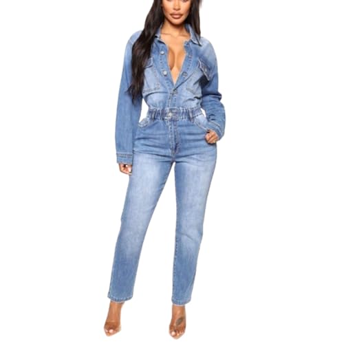 Mono vaquero retro para mujer, estilo denim diario con solapa y pantalón recto