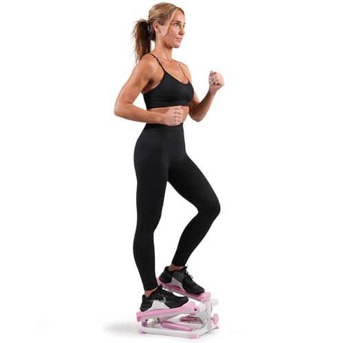 Sunny Health & Fitness Mini Stepper for Exercise Low-Impact Stair Step Cardio Equipment with Resistance Bands, Digital Monitor, Up Down Pink - P2000