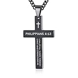 REVEMCN Inspirational Bible Verse Cross Necklace for Men Boys, Stainless Steel Plain Black Silver Cross Pendant Necklace for Men 20-24 Inches Curb Chain Faith Jewelry Gift