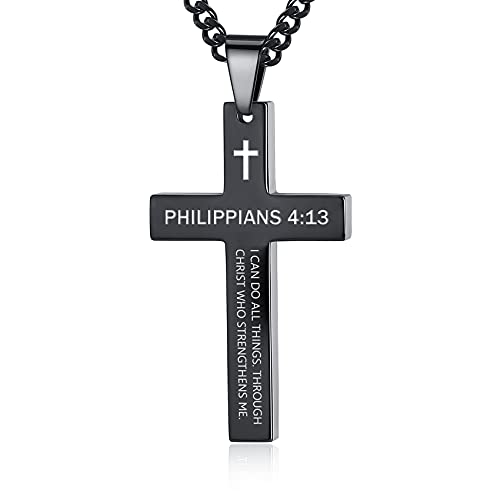 Pendentif croix grav&eacute; pour homme accessoire acier noir et argent au quotidien REVEMCN