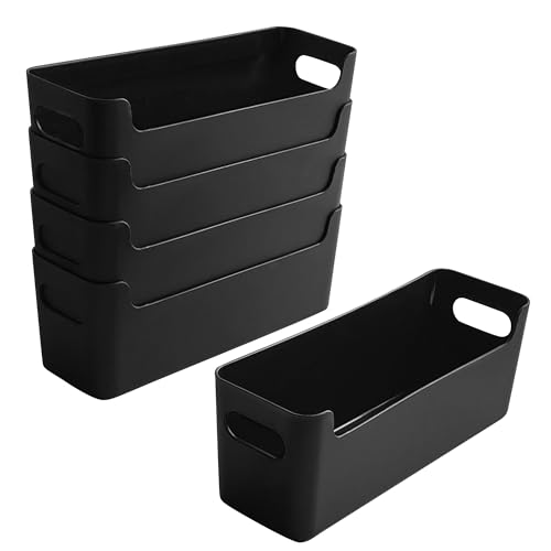 LYLIDIA 5 Stück Ordnungsbox Kunststoff Aufbewahrungsbox Klein Schmal 24,5x7,5x9,5cm, Organizer Box Schwarz Niedrigeren Vorderseite, Körbchen Ordnungssystem für Bad, Küche, Büro, Regal (Schwarz)