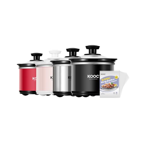 KOOC Small Slow Cooker, 0.65-Quart, Free Liners Included for Easy Clean-up, Upgraded Ceramic Pot, Nutrient Loss Reduction, Stainless Steel, Black, Round by KOOC - Used condition - CA$15.91