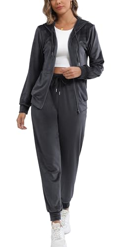 Enjyam Survêtement Ensemble Velours Femme à Capuche Zippés Sportswear Sweat à Manche Longue Pantalon pour Jogging Tennis Gym Yoga Vêtements de Fitness Gris C L