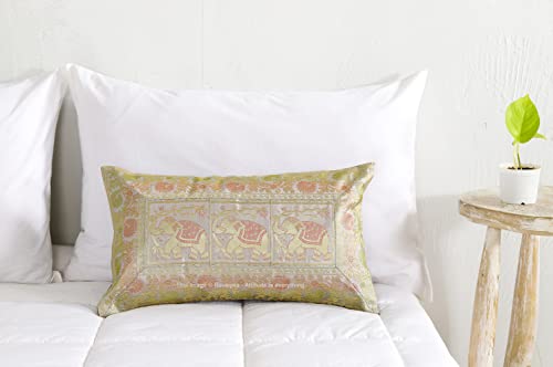 Image of Ravaiyaa - Attitude is everything Banarasi Brocade Silk Pillow Cover Elephant Design Cushion Pillow Sham Case Home Decorative Set of 2 Piece 12 inch X 20 inch Inch