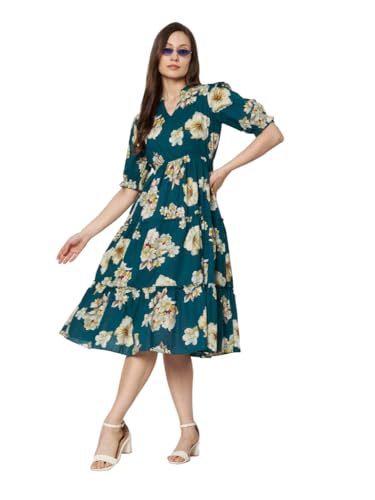 Image of PIDAVLIYA'S Women's Floral Summer Maxi Dress I Cotton Printed I One Piece Bodycon Midi Dress with V-Neck, Puffed Sleeves