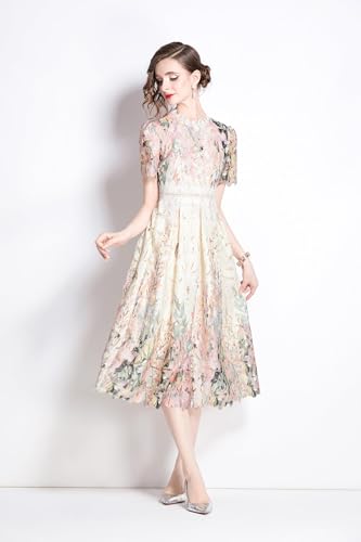 Image of LAI MENG FIVE CATS Women's Lace Floral Short Sleeve Crochet Waist Cocktail Midi Dress