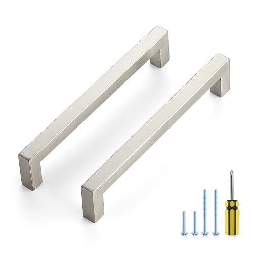 Image of Ravinte 10 Pack Kitchen Brushed Nickel Cabinet Handles 6-1 /4 Inch Hole Center Stainless Steel Square Cabinet Pulls for Dresser Drawer Cupboard Handles with Screwdriver