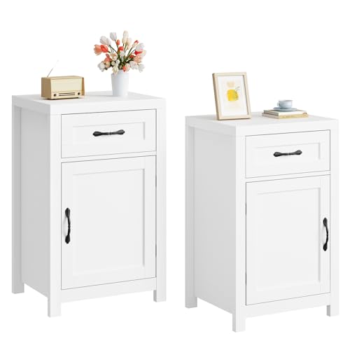 CARPETNAL Night Stand Set of 2 Nightstands with Drawer Storage Bed Side Table End Table Large Modern Wood Wide Bedside Stand Mid Century Night Stands for Bedroom Living Room Sofa Couch Office White