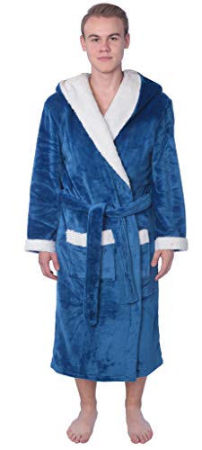 Men's Plus Size Plush Soft Warm Fleece Long Bathrobe Robe MENPR01_Y18 Blue with Hood 1X