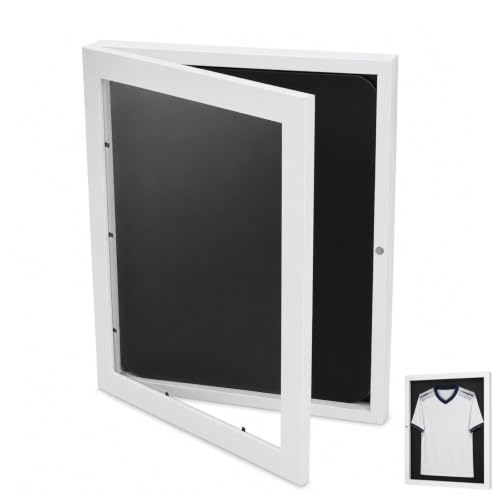 jojofuny White Football Shirt Frame Display Case 35.8x28x3.7cm Hinged Front Opening Shadow Box Frames for Jerseys Sports Memorabilia Wall Mounted Tabletop T-Shirt Mounting Kit