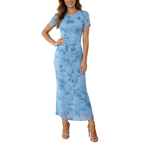 Vestido de noche para mujer, de manga corta, con flores, líneas A, bohemio, vestido largo para boda, elegante, para invitados de boda, vestido de fiesta, elegante, vestido envolvente, vestido de