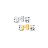 Set di due orecchini a bottone con zirconi AAA CZ CZ taglio brillante rotondo semplice da 0,75 CTW per donne e uomini in argento sterling placcato oro 6MM