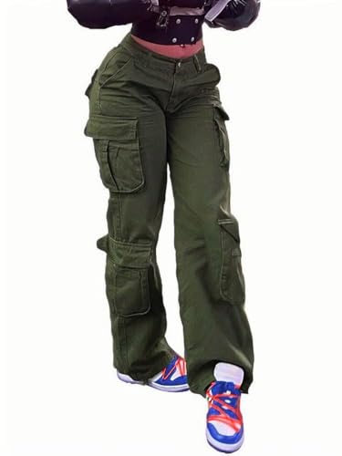 WGXWGX Y2K Style High Waist Wide Leg Jeans Cargo Pants Long Denim Baggy Straight Leg Multi Flap Pockets Retro Streetwear Boyfriend (US, Alpha, X-Large, Regular, Regular, Army Green)