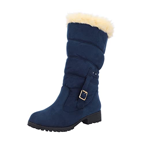 aterproof Botas gruesas para mujer, botas de tacón con cinturón de moda, hebilla cálida, para mujer, botas de nieve para mujer, Blue, 39.5 EU