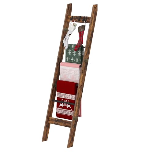 Hzuaneri Blanket Ladder for Living Room, Decorative Quilt Rack with 4 Removable Hooks, 5-Tier Farmhouse Ladder Holder Shelf Organizer for Bedroom, Rustic Brown and Black BR31501B