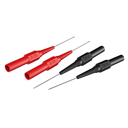 Cleqee 4 Stück Automobilindustrie Back Probe Pins Multimeter Wire Piercing Prüfspitzen mit 4mm Buchse 0.7mm Puncture Probe Nadel 30V/10A für kleine IC Pins Elektronikprüfung Rot & Schwarz