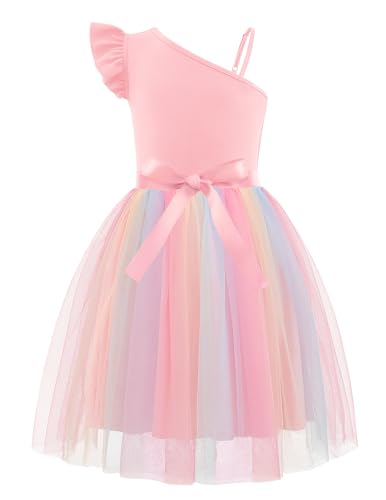Arshiner Girls Dresses Summer One Shoulder Ruffle Sleeveless Formal Fancy Party Birthday Tulle Dress with Belted